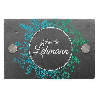 Farbenfrohes Schieferschild mit Blumen und Familiennamen Größe: 15 x 10 cm
