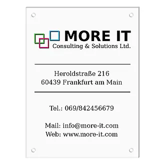 Acrylschild bedruckt mit Logo und Kontaktdaten
