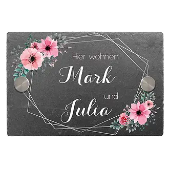 Kleines buntes Türschild aus Schiefer mit Blumen …
